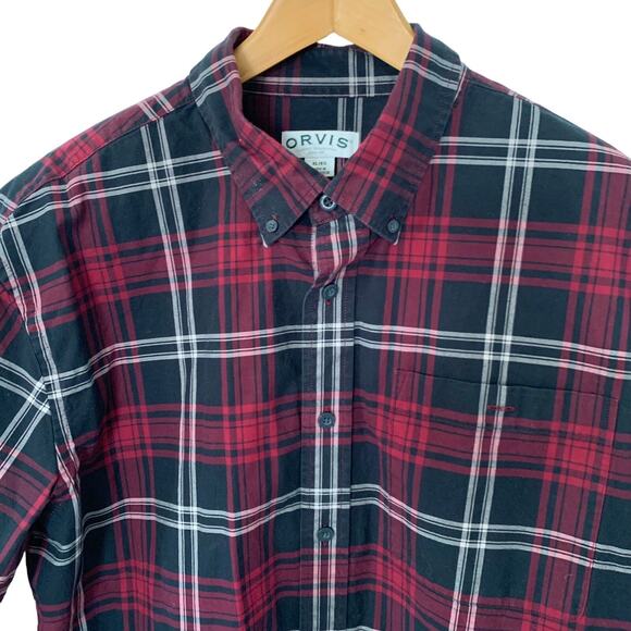 Orvis Shirt Mens XL Black Red Plaid Button Up Long Sleeve 100% Cotton Casual - Picture 1 of 5